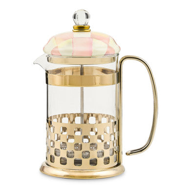 Hand-glazed steel French press with hand-painted emerald check pattern on heavy-gauge body and glass cylinder.