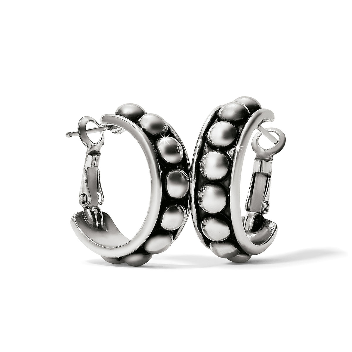 Silver plated Pretty Tough Stud medium leverback hoop earrings with a beaded texture.