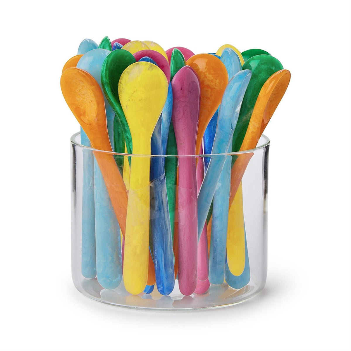A variety of colorful resin spoons in a clear glass jar, featuring blue, yellow, pink, and green.