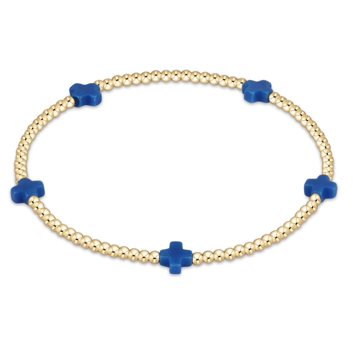 Small gold-patterned signature cross bracelet made with 2mm beads on stretch elastic.