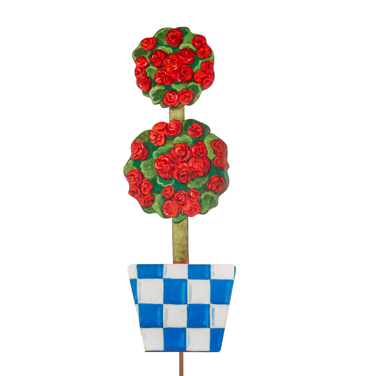 Checked Pot Geranium Topiary in a black pot with green foliage arranged on an easel stand.