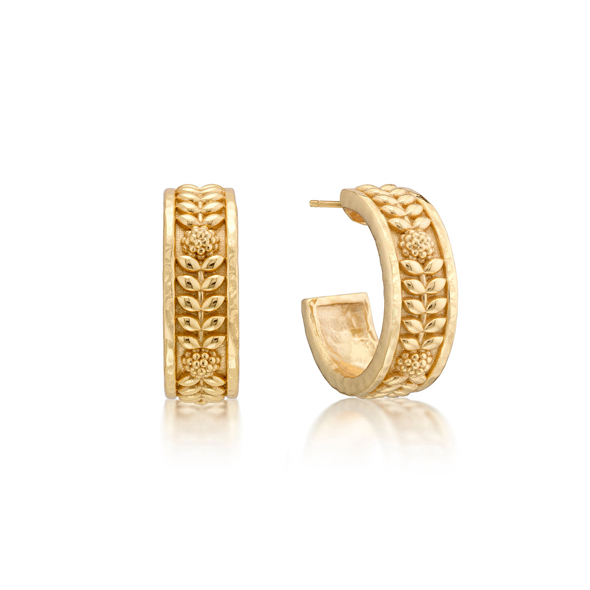 Gold hoop earrings with a berry vine motif featuring small leaves.