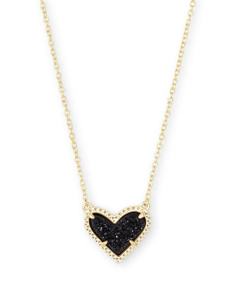 Black drusy heart-shaped pendant on a silver chain with lobster clasp