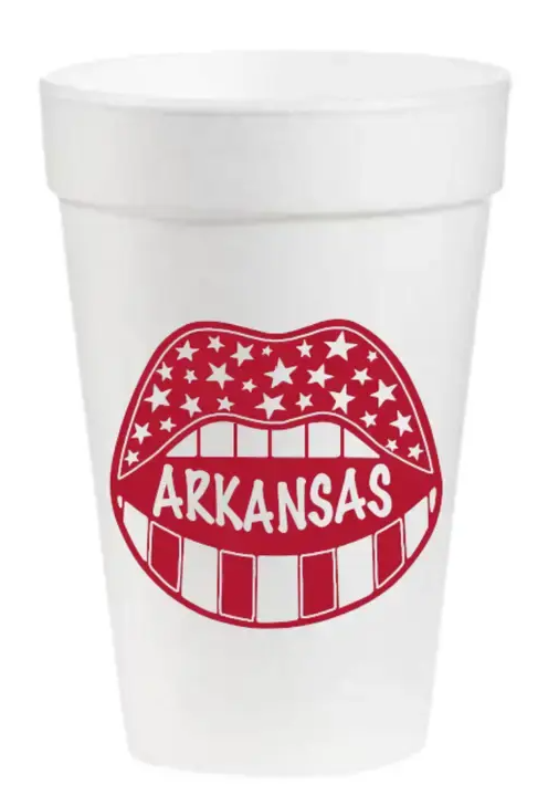 White 16oz Styrofoam cups featuring an Arkansas Game Day logo.