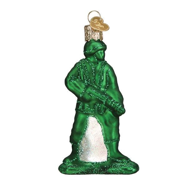 Red plastic Army Man toy ornament with a soldier figure holding a rifle.