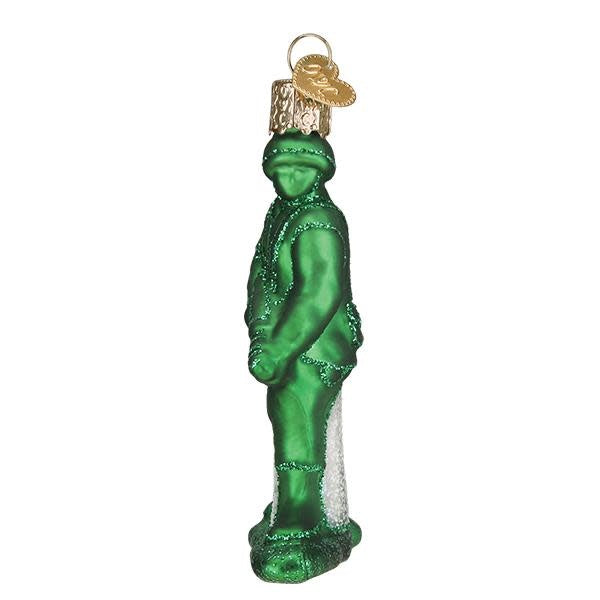 Army Man toy ornament with a standing soldier figure in green uniform holding a rifle.