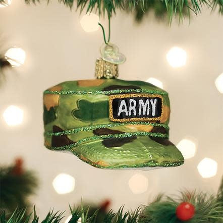 Army cap ornament featuring a green military-style hat with gold trim.