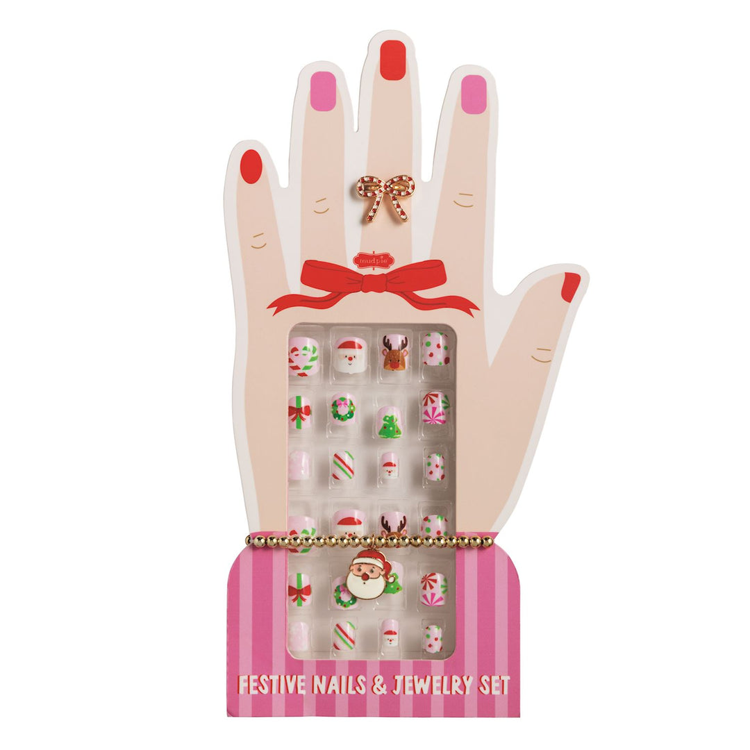 Christmas Nails & Jewelry Set with a bow ring, Santa bracelet, and festive press-on nails.