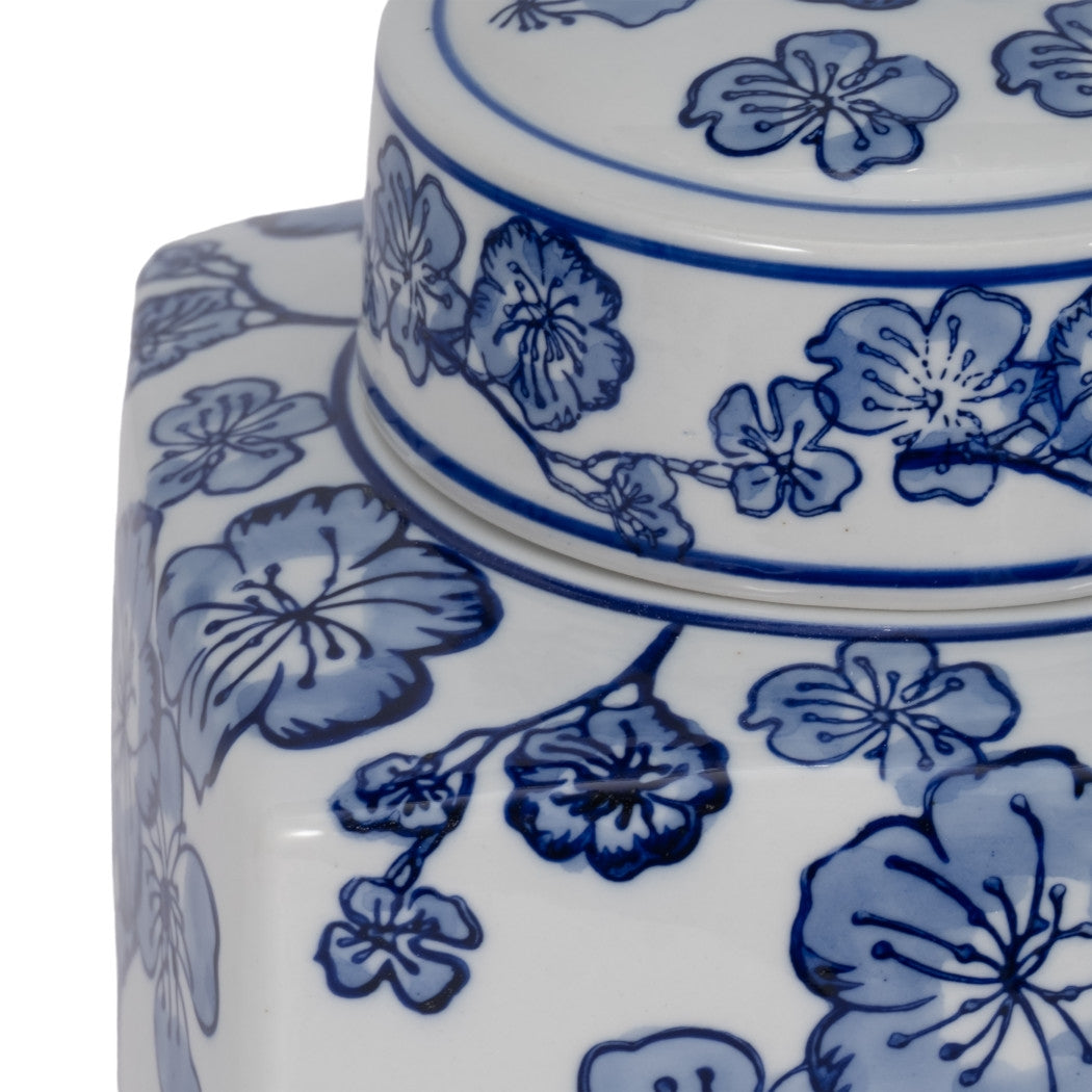 Blue/White 8 in. Square Cherry Blossom Chinoiserie Jar