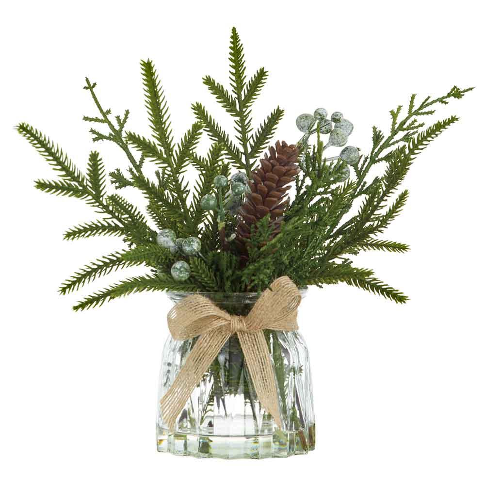11-inch pine cone, berry, and pine arrangement in a clear glass vase with a burlap bow.