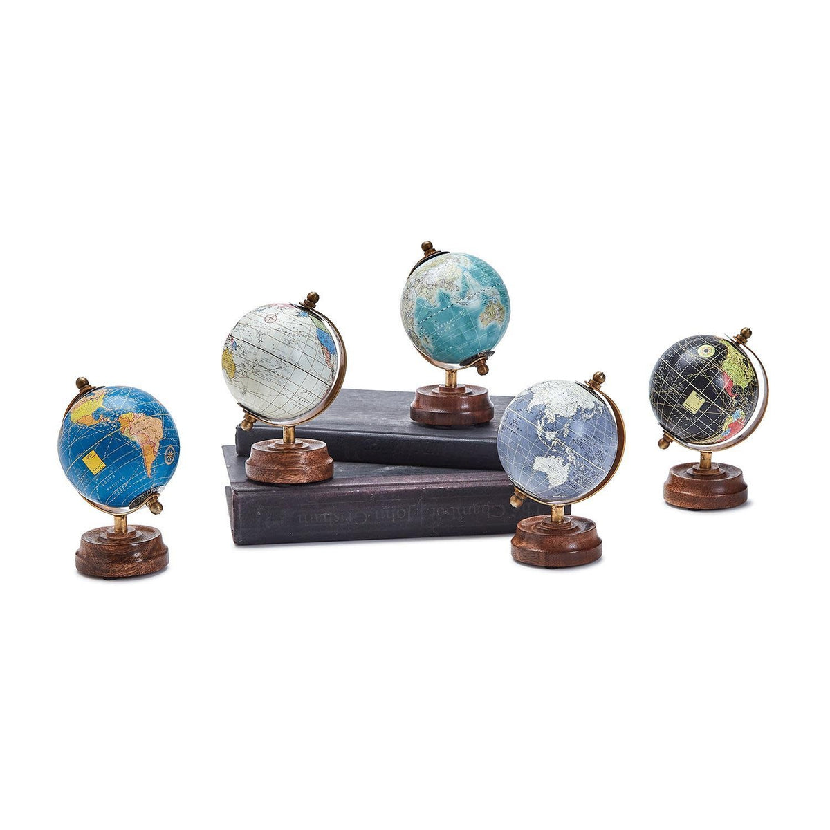 Antique-style rotating mini globe with a mango wood base.