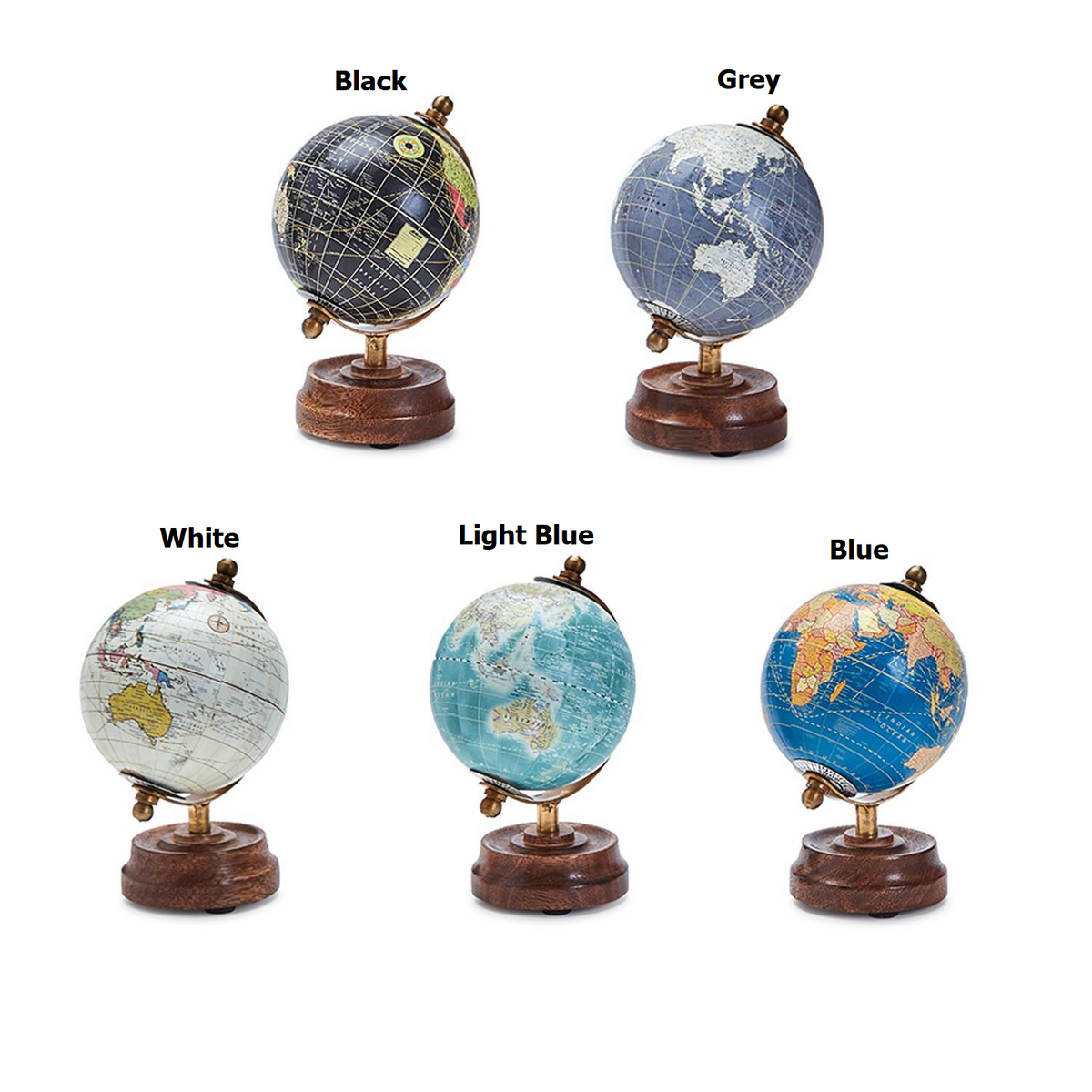 Antique finish rotating mini globe on a mango wood base.