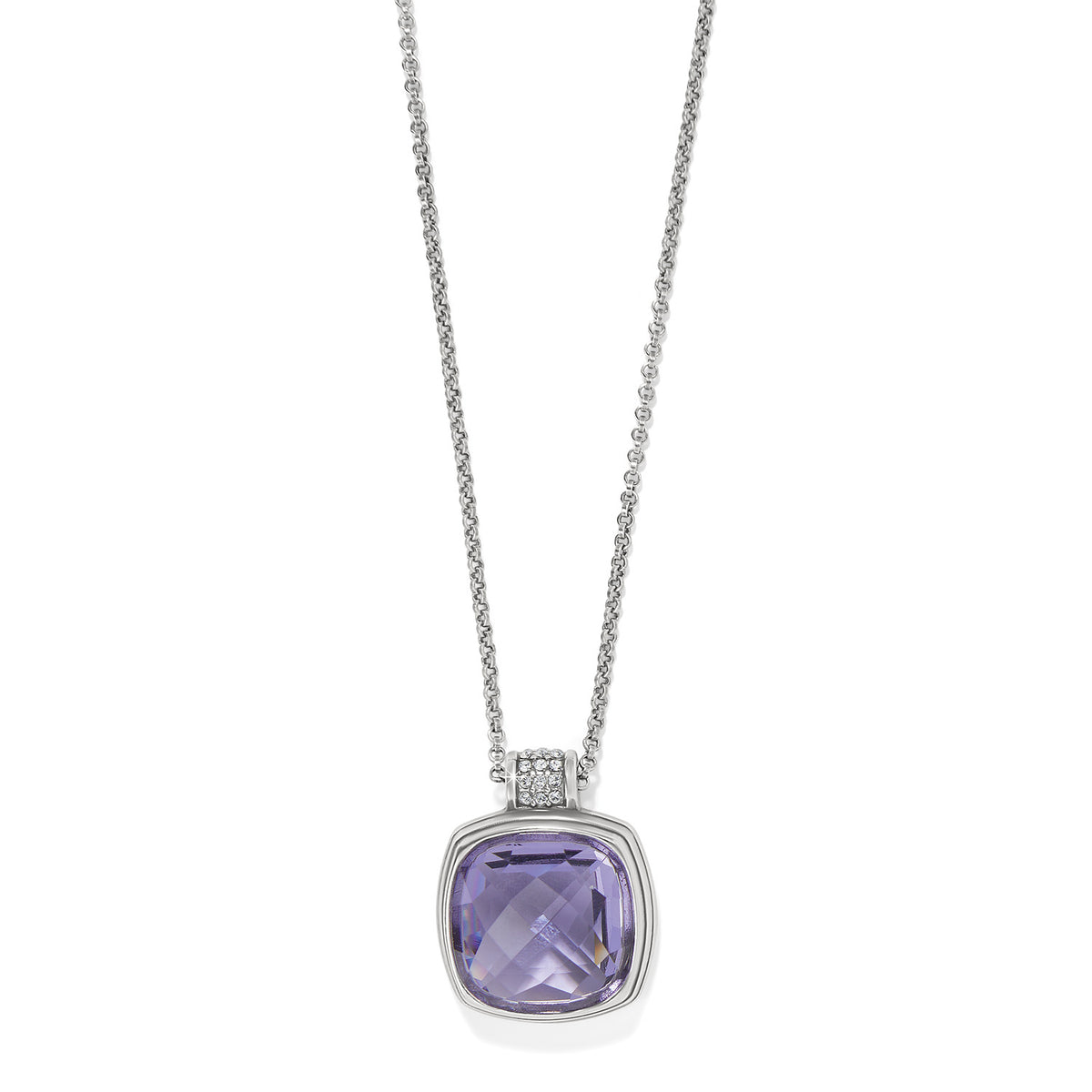 Silver plated lobster claw necklace with a hand-set crystal pendant featuring an Aurora Borealis pattern.