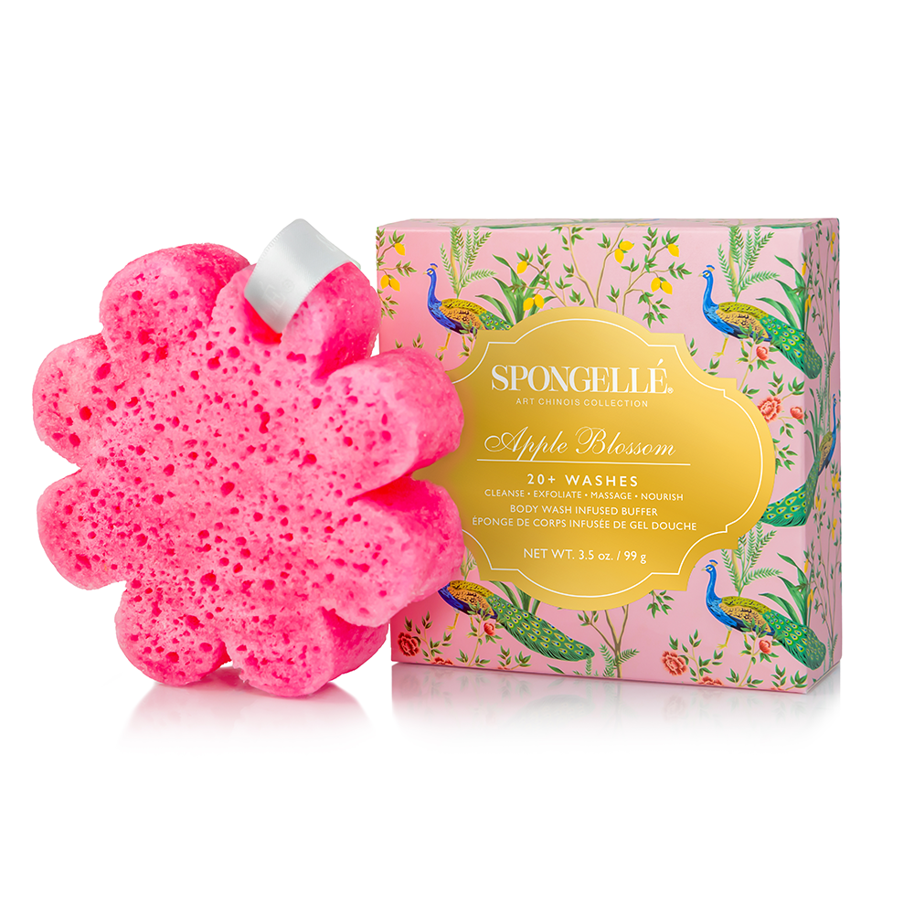 Art Chinois Collection Body Buffer in apple blossom color with hanging ribbon
