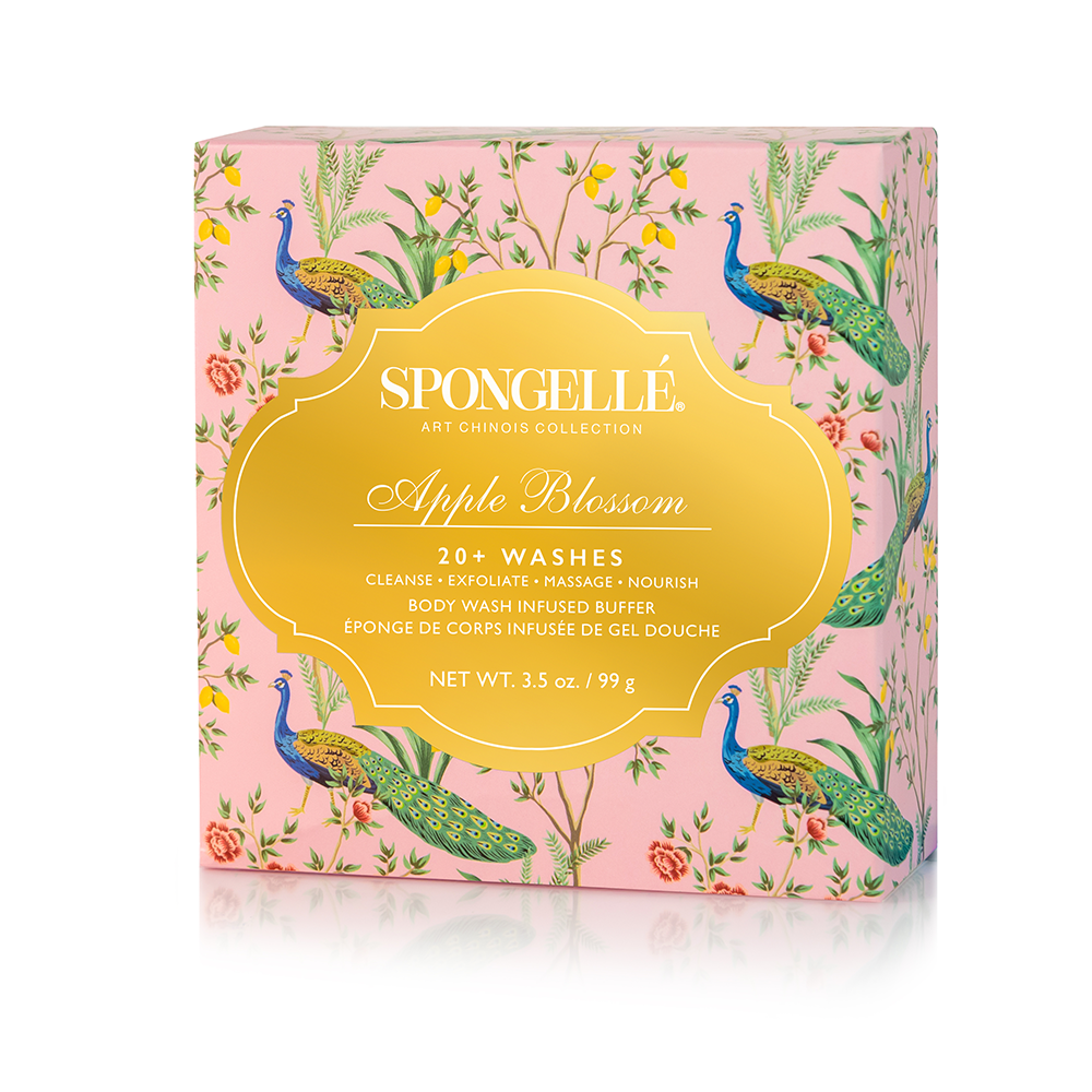 Art Chinois Collection Body Buffer sponge with animal motifs in lush green packaging.