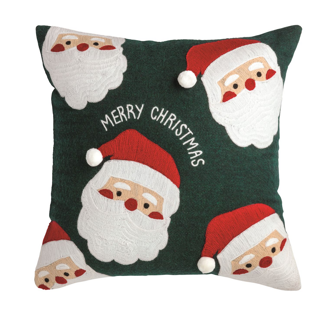 Dark green felted pillow featuring embroidered Santa faces and "Merry Christmas" text.