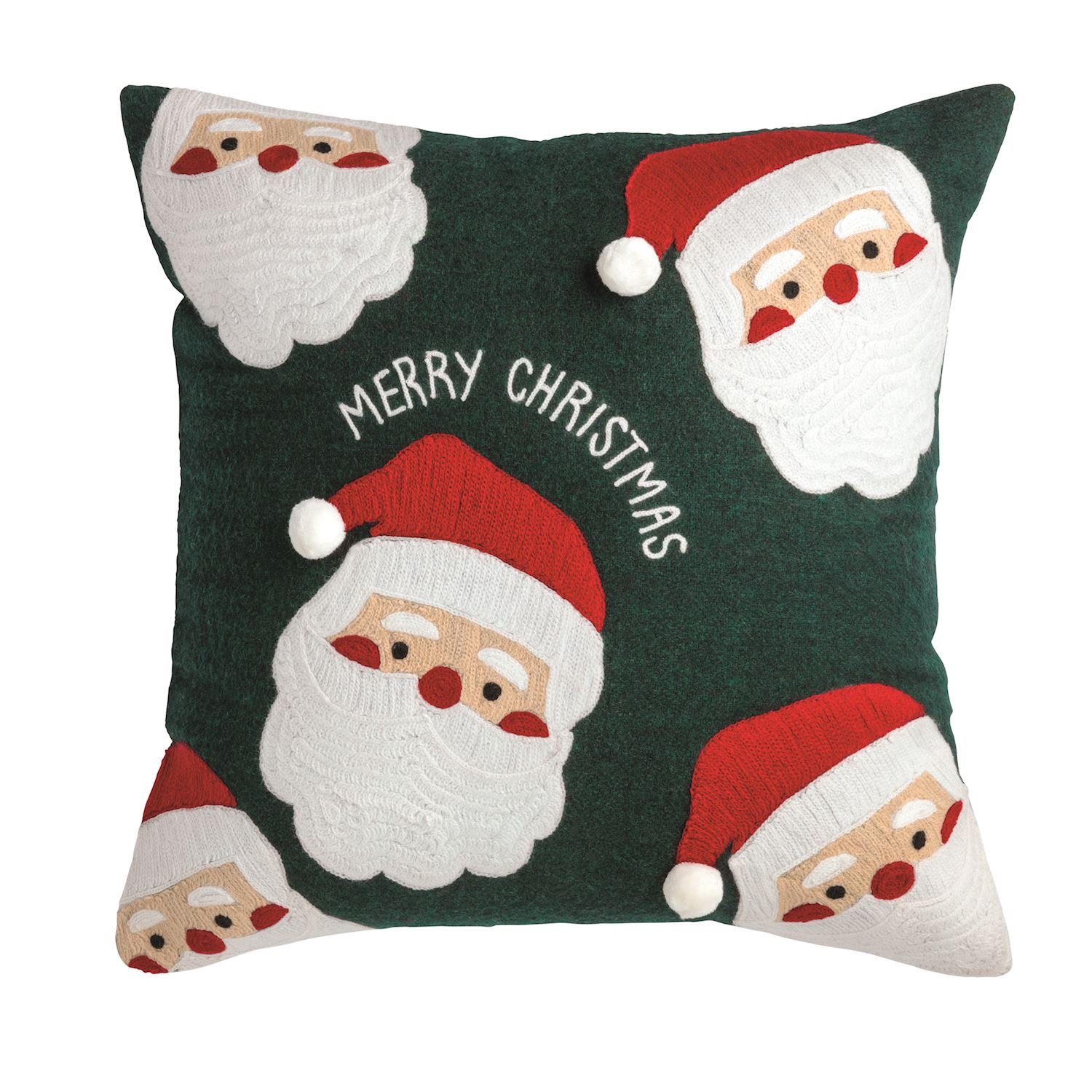 Dark green felted pillow featuring embroidered Santa faces and "Merry Christmas" text.