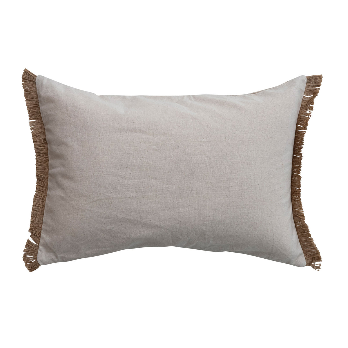 Rectangular cotton slub lumbar pillow in light beige with brown fringe trim on the sides.