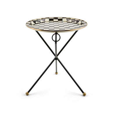 Round Courtly Check enamel accent table with hand-glazed steel top, bronzed stainless rim, and brass-finished metal frame.