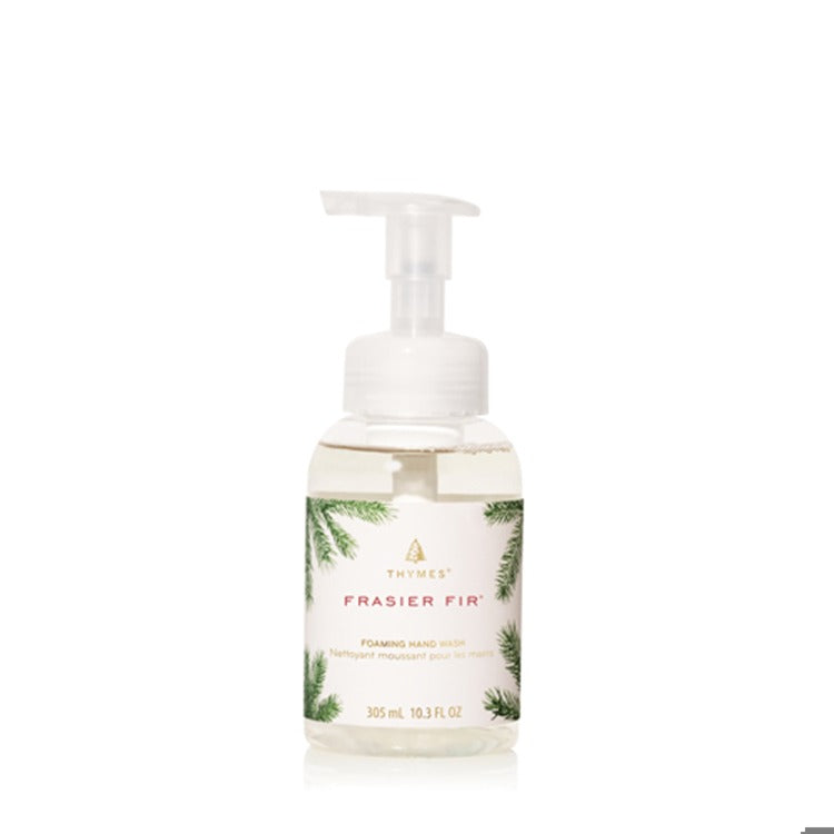 Thymes Frasier Fir Foaming Hand Wash in a clear 10.3 fl oz pump bottle with pine needle graphics.