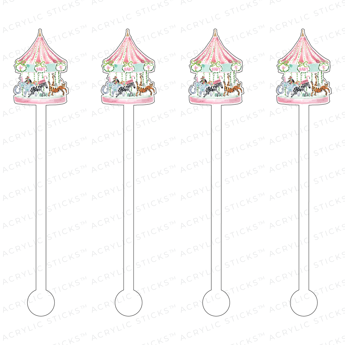 Set of four clear acrylic stir sticks with a baby carousel design featuring colorful figures on top.