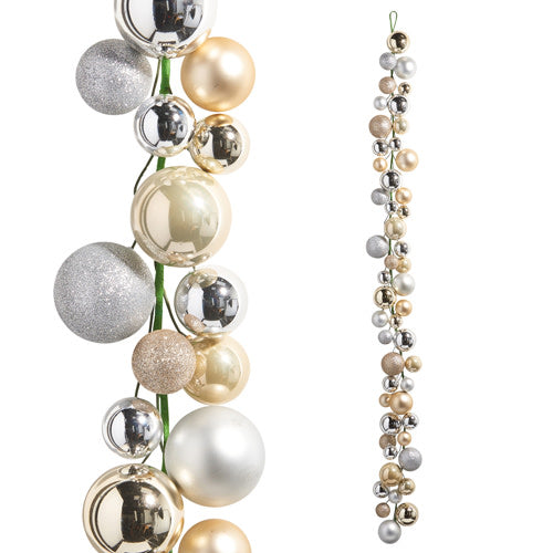 6' Champagne Ball Garland featuring shiny, matte, and glittery ornaments in silver and gold tones.