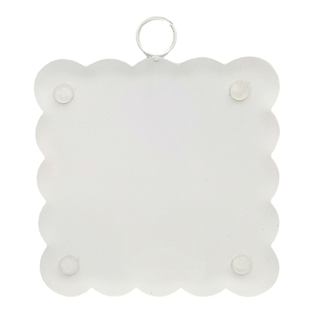 Back view of a white scalloped metal hanging sign with four protective bumpers and a top ring.