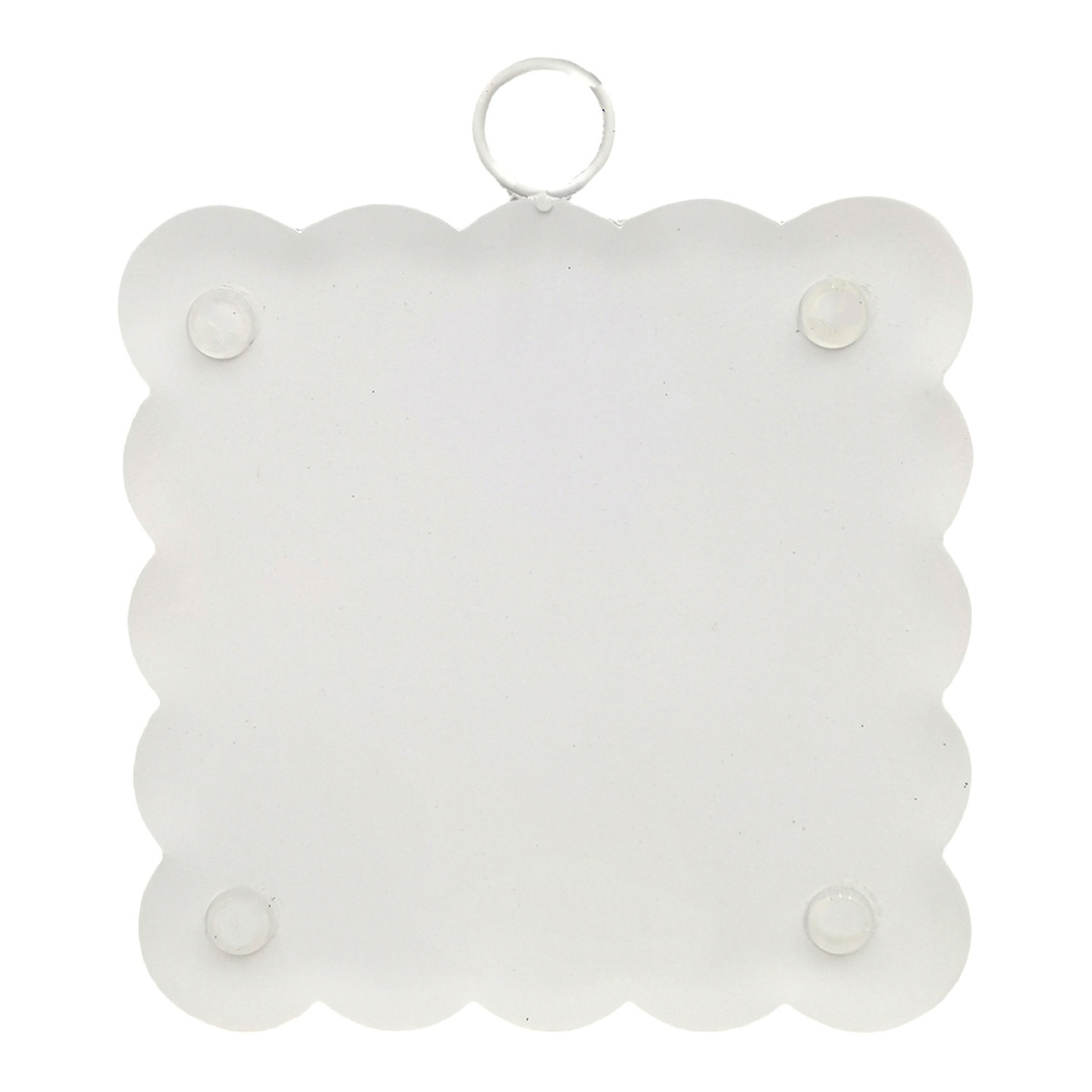 Back view of a white scalloped metal hanging sign with four protective bumpers and a top ring.