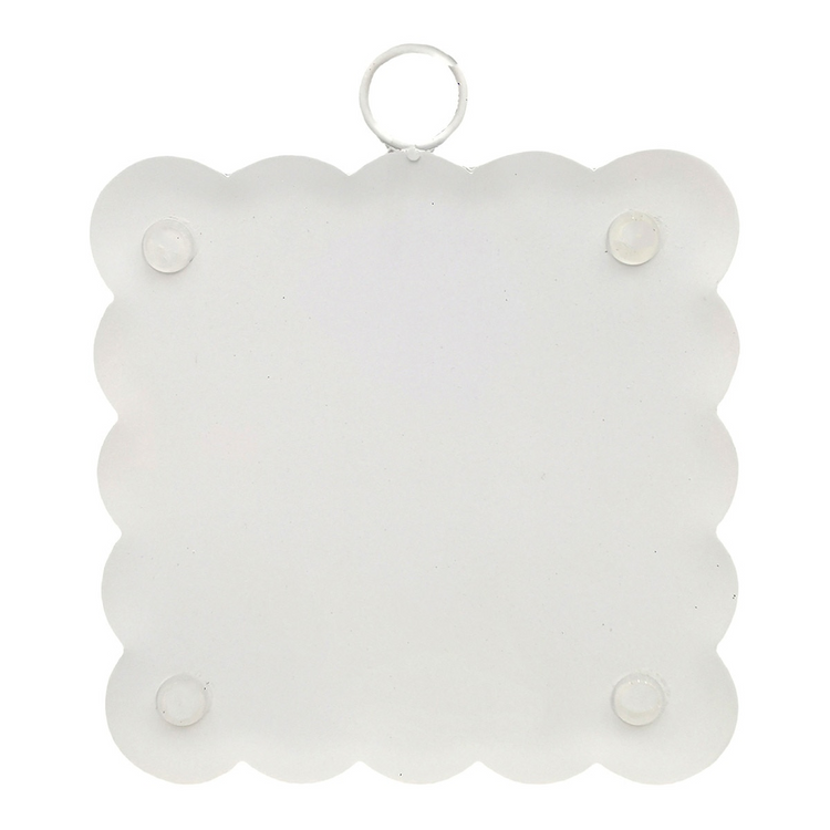 Back view of a white scalloped metal hanging sign with four protective bumpers and a top ring.