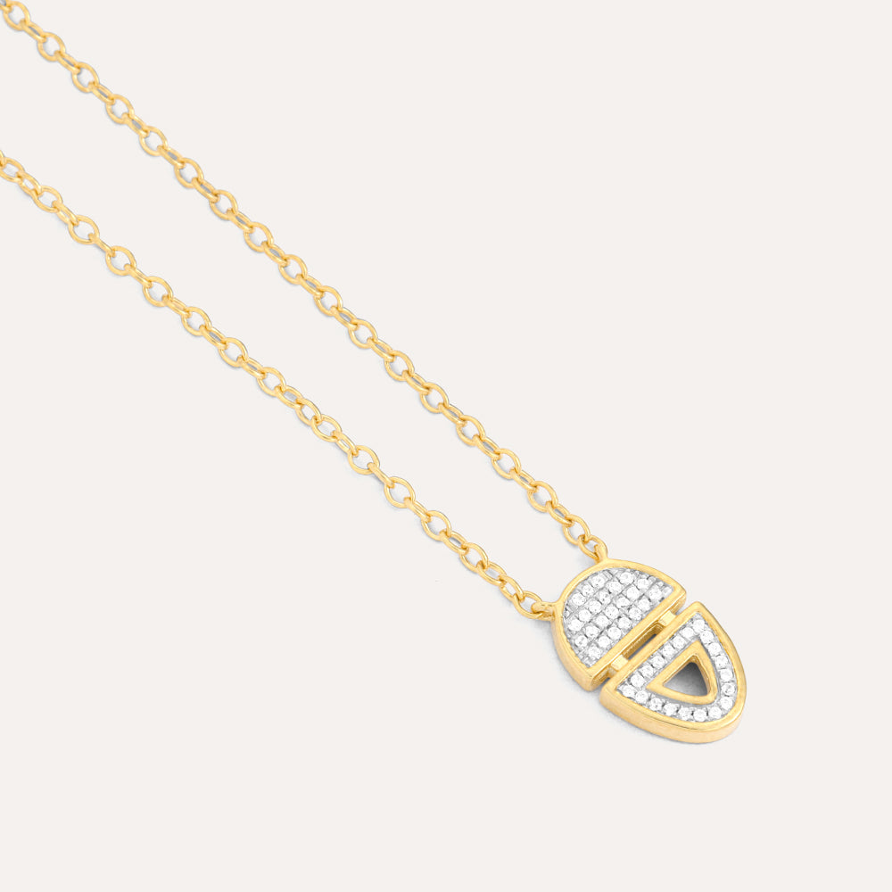Half-Full Oval Pendant Necklace in 14k gold plated sterling silver with pavé diamonds.