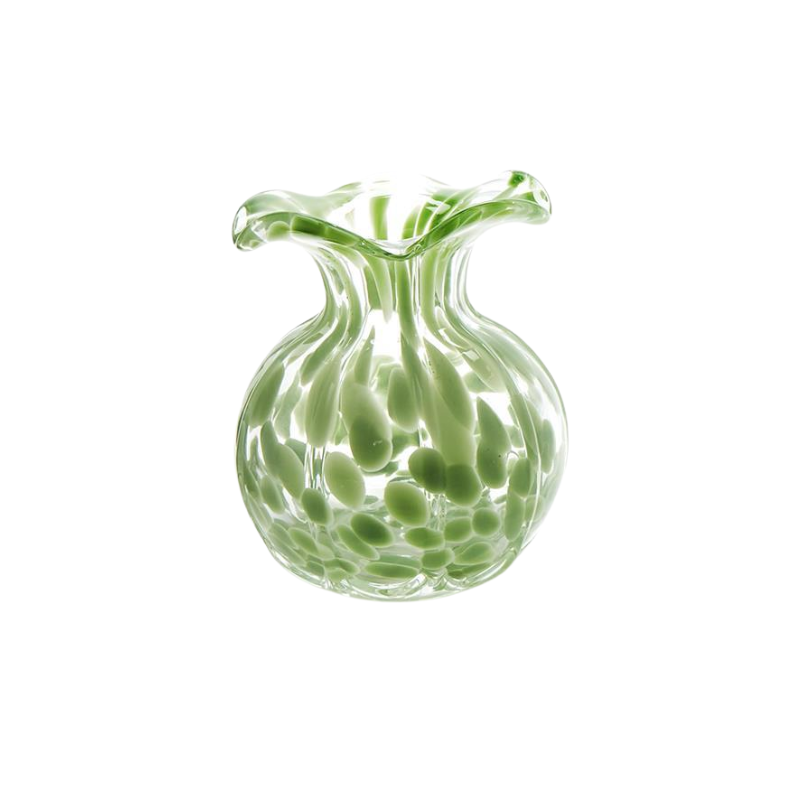 Handcrafted green spotted glass vase with a ruffled edge design.