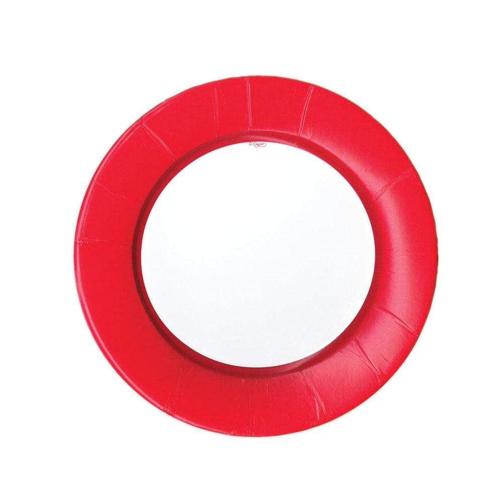 Round red paper salad and dessert plate with a textured linen-style border.