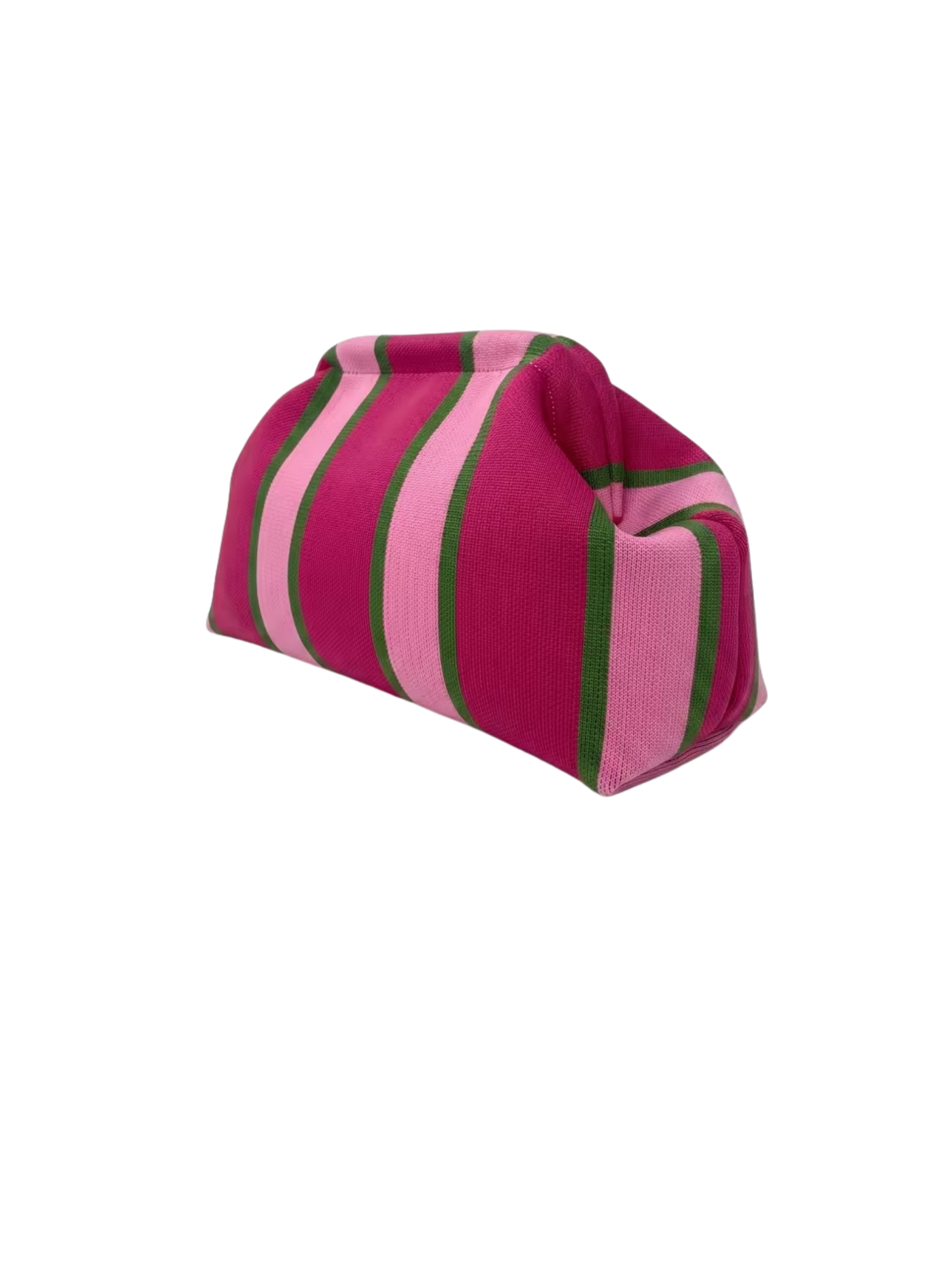 Striped knit clutch bag with vertical pink, magenta, and green stripes.