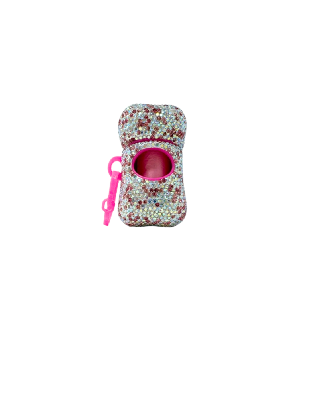 Bling dog bag dispenser in a bone shape covered in pink and silver rhinestones with a pink clip.