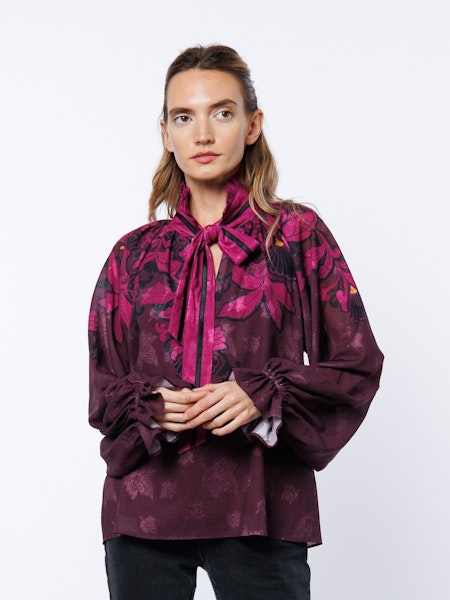 Kim Floral Engineered Print Blouse in light blue with white floral pattern