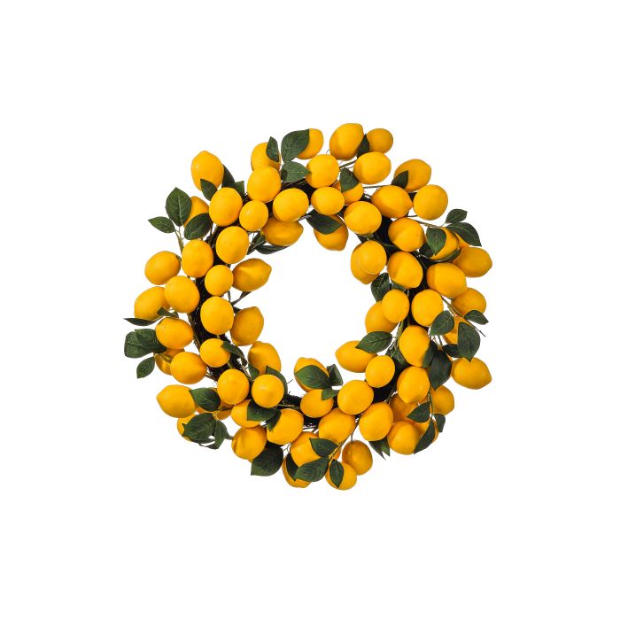 A round lemon-colored wreath with a natural branch silhouette.