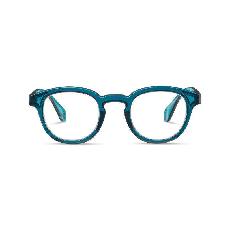 Asher eyeglasses with round teal polycarbonate frames featuring spring hinges.