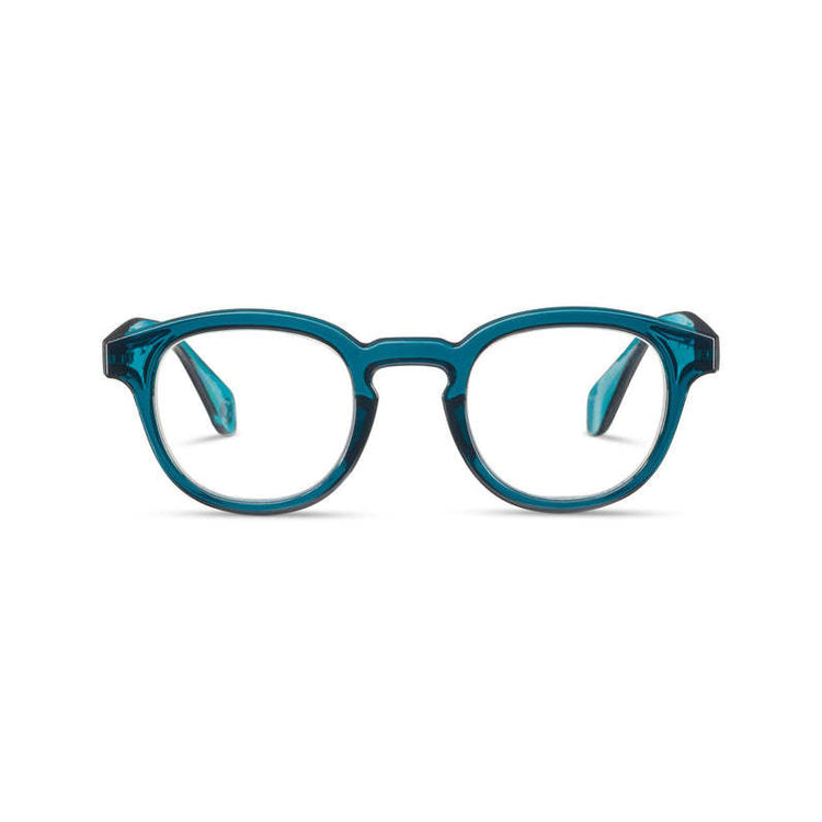Asher eyeglasses with round teal polycarbonate frames featuring spring hinges.