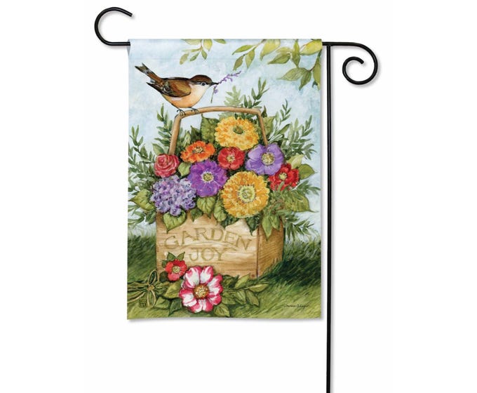 Garden flag featuring a colorful floral pattern on a white background.