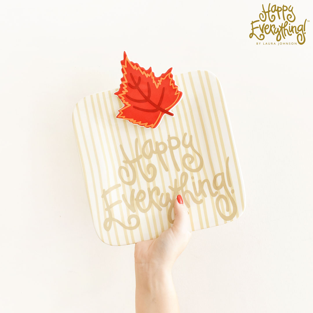 Neutral Skinny Stripe Happy Everything Mini Platter with a red maple leaf attachment.
