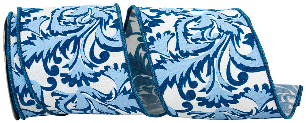 Blue wired-edge scroll ribbon with leaf motif