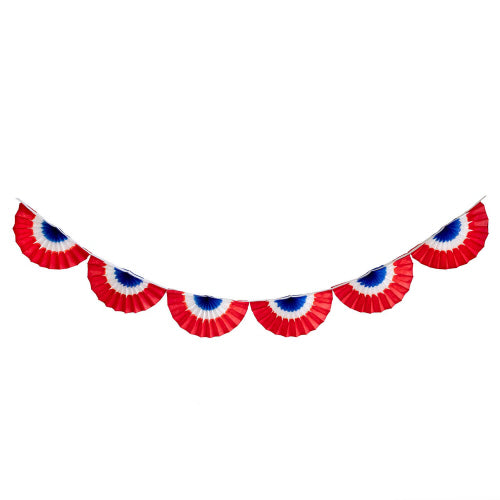 Patriotic honeycomb paper bunting flags in red, white, and blue with hanging hardware