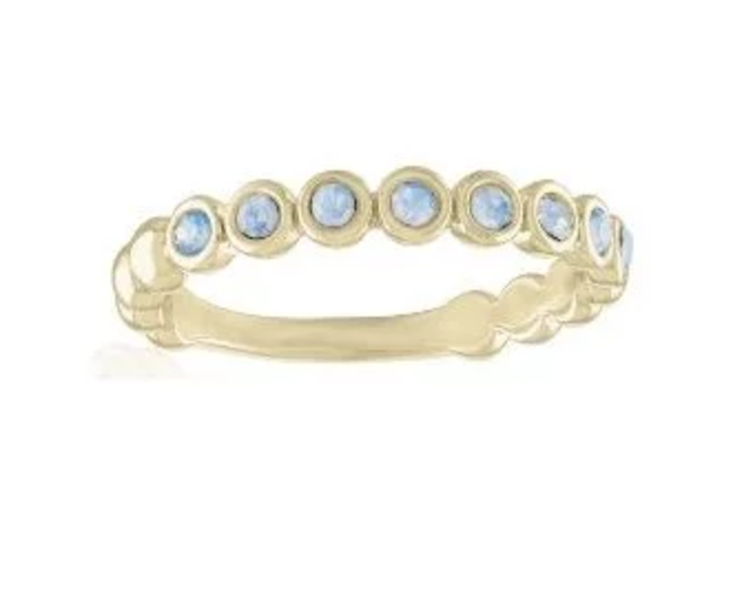 Gold band ring featuring a row of bezel-set round opals with a scalloped edge design.