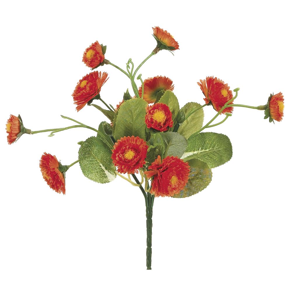 8.5-inch artificial calendula bush with polyester petals in orange-yellow hues on a plastic and wire frame.