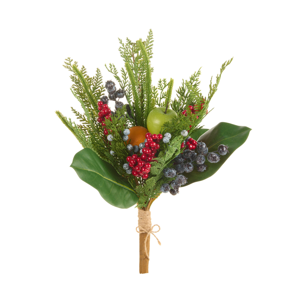 18-inch artificial fruit and pine bush with green apple, orange, berries, and cedar greenery.