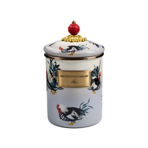 Henhouse Medium Canister featuring rooster illustrations, a gold nameplate, and a red knob lid.