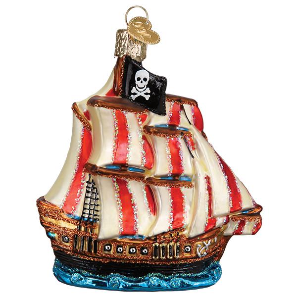 Hand-painted glass pirate ship ornament with red and white striped sails and a skull flag.