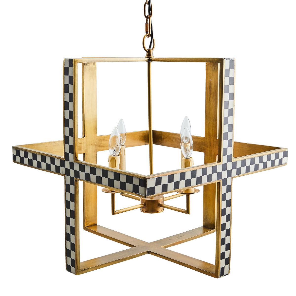 Cast aluminum chandelier with alternating black and white resin inlay, featuring a cubic silhouette.