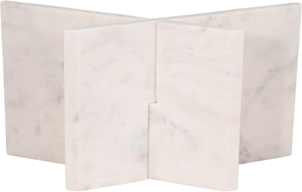18-inch white marble contemporary sculptural bookstand with interlocking stone panels.