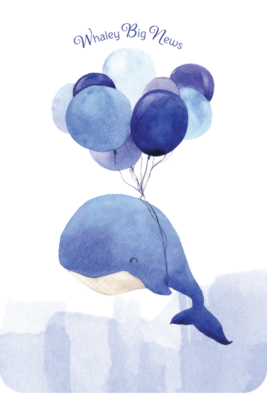 Whaley Big News greeting card with a watercolor whale floating with blue balloons.